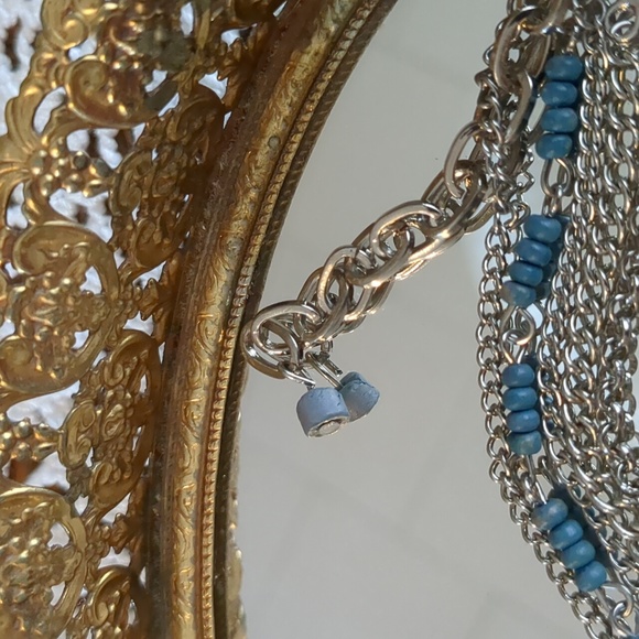 Graduated Layer 17 Inch Necklace With Blue Beads on Silver Tone Chains - Picture 3 of 9